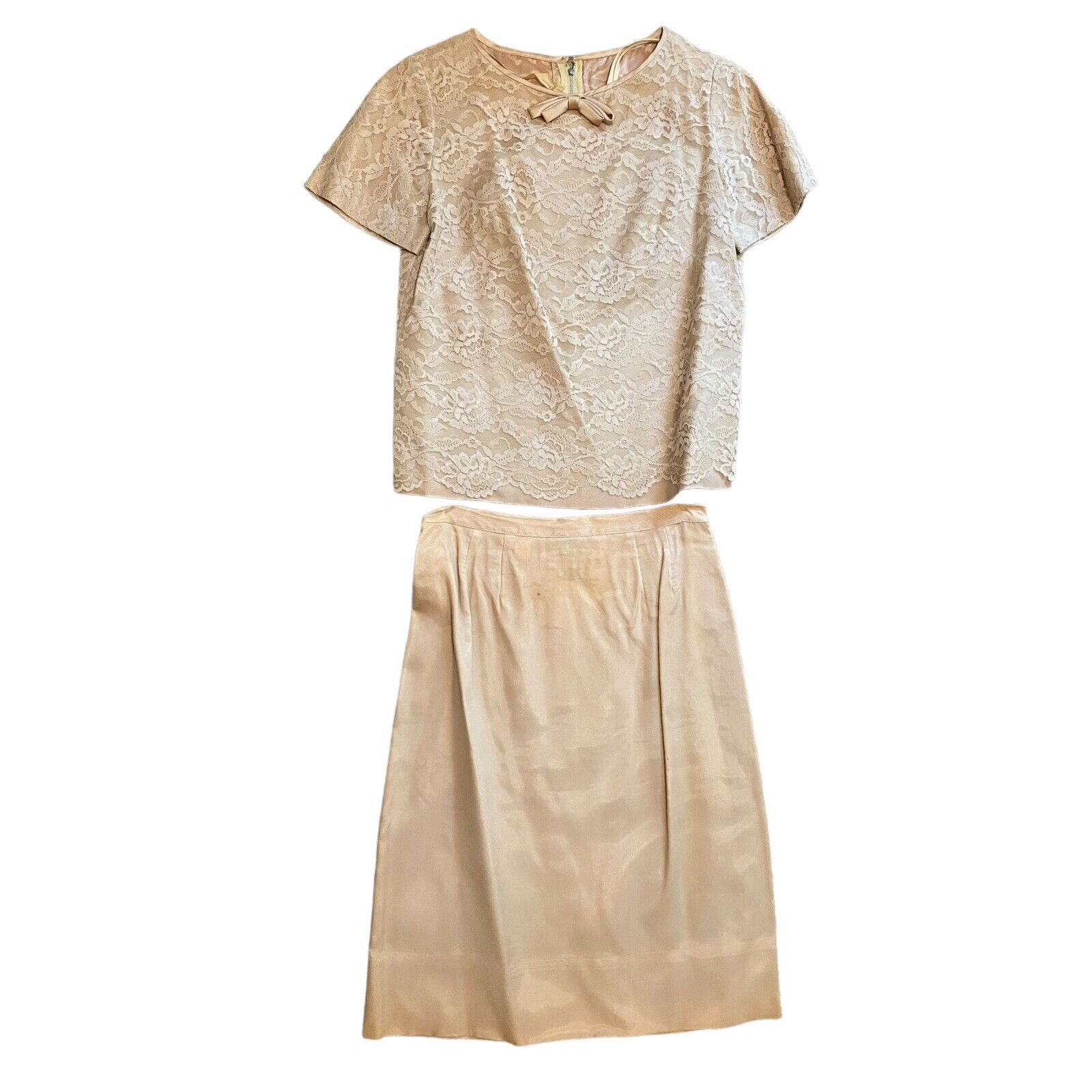 Vintage 60s 70s L'aiglon Floral Lace Overlay Bow Top A Line Skirt Beige Size 14